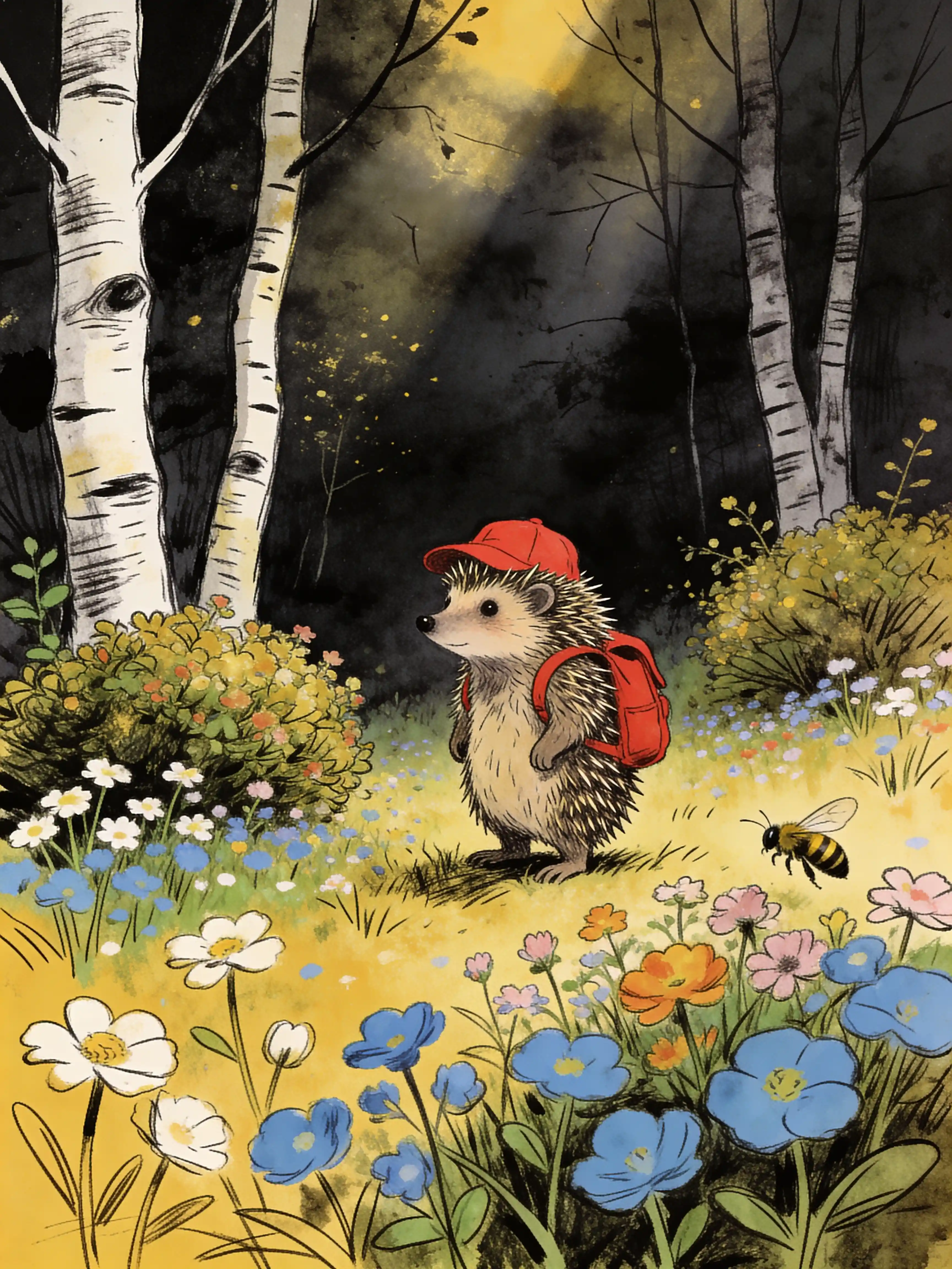 Hérisson solitaire avec bonnet rouge dans une forêt de printemps mystique