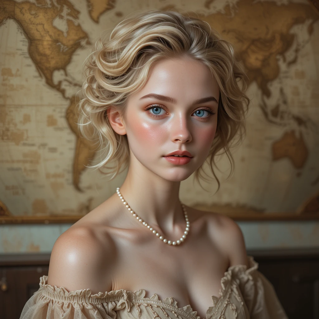 Elegant portrait of a young woman before antique map