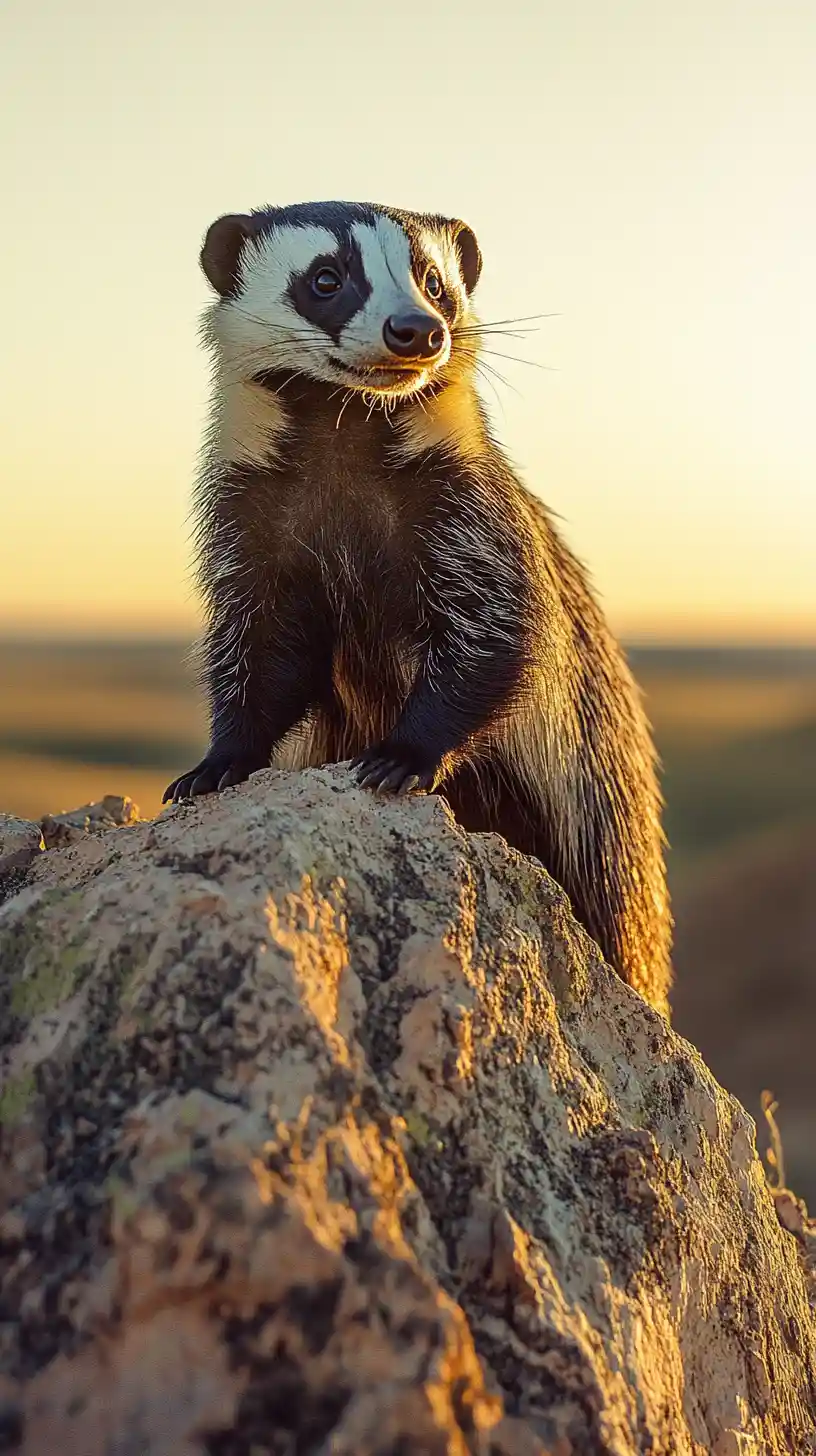 Honey badger on rocky outcrop at golden savannah sunset