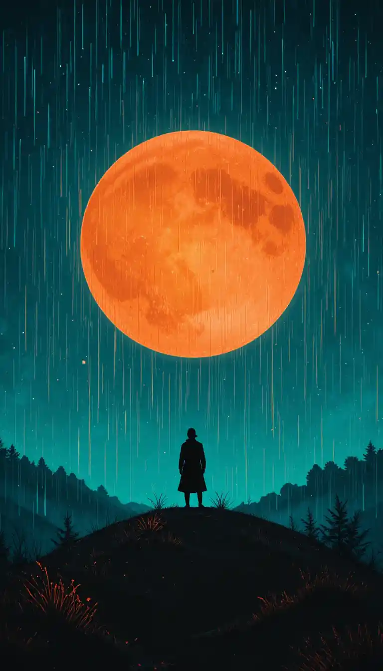 Figura solitaria su una collina piovosa sotto una luna luminosa