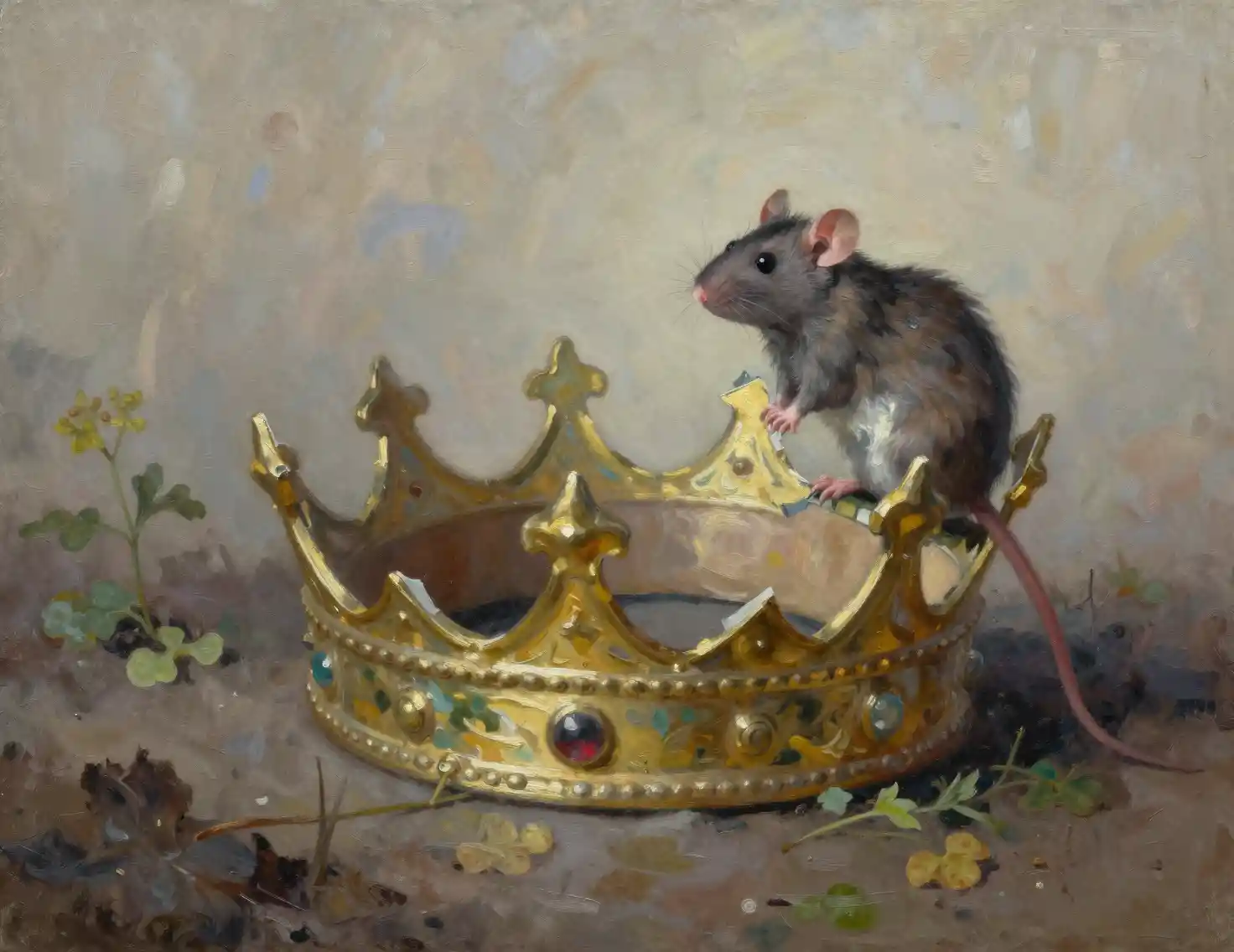 Zerbrochene Krone auf überwuchertem Boden, die eine stille Ratte birgt