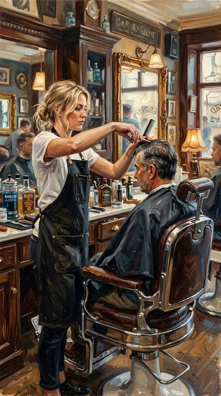 Barbiera bionda che acconcia i capelli di un cliente in un barbiere vintage
