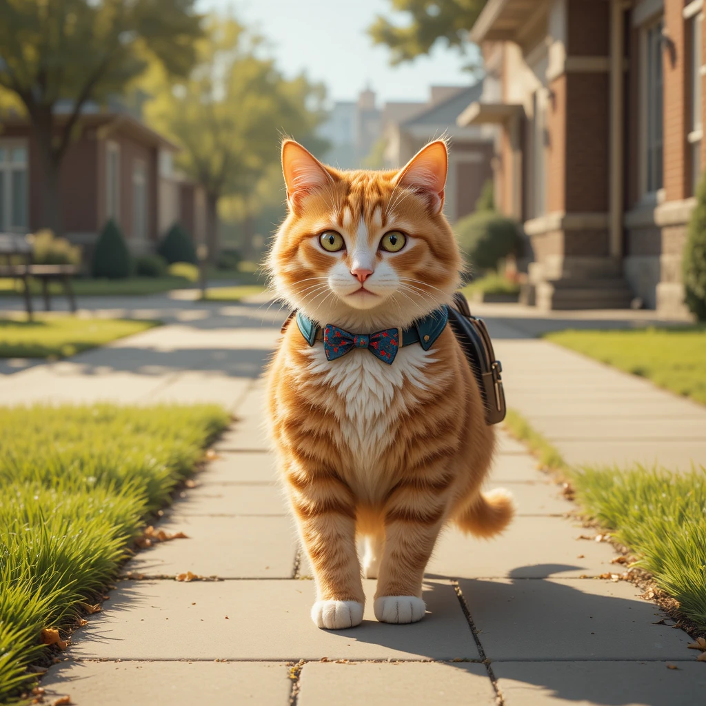 Gato Laranja com Mochila Caminhando para uma Escola Ensoralada no Subúrbio