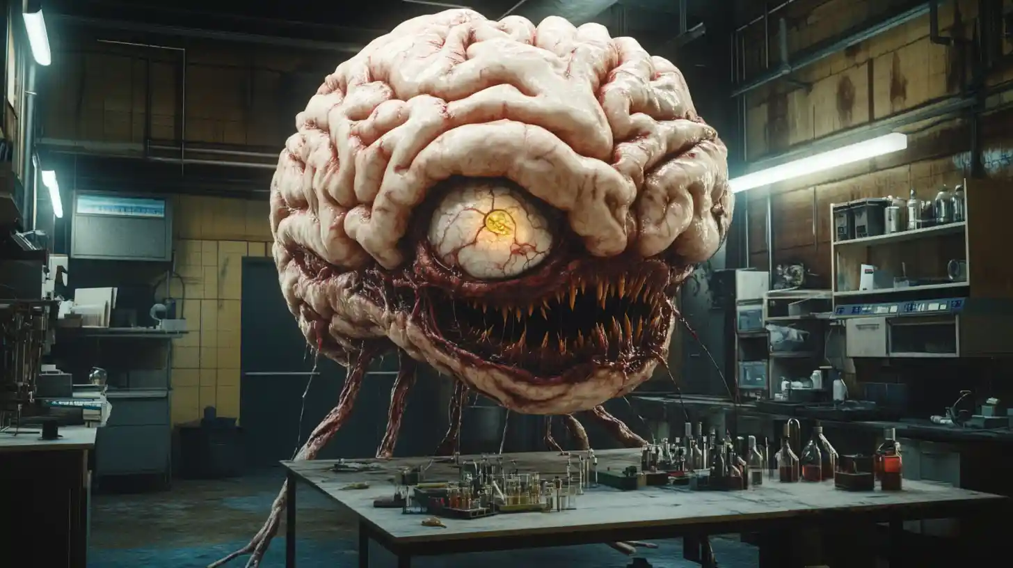 Groteskes Gehirnmonster grinst in dunklem Labor