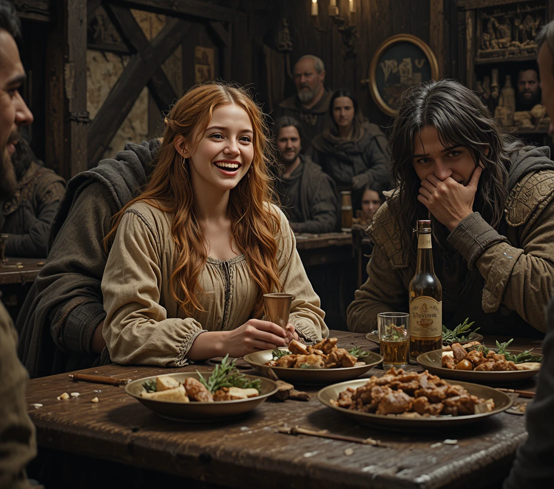 Laughing tavern girl embraced by rugged medieval warrior