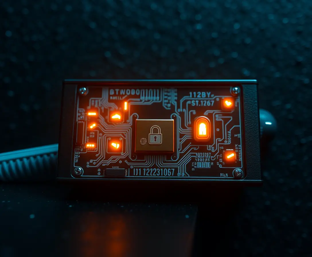 Secure encryption device with glowing indicators in dark vault