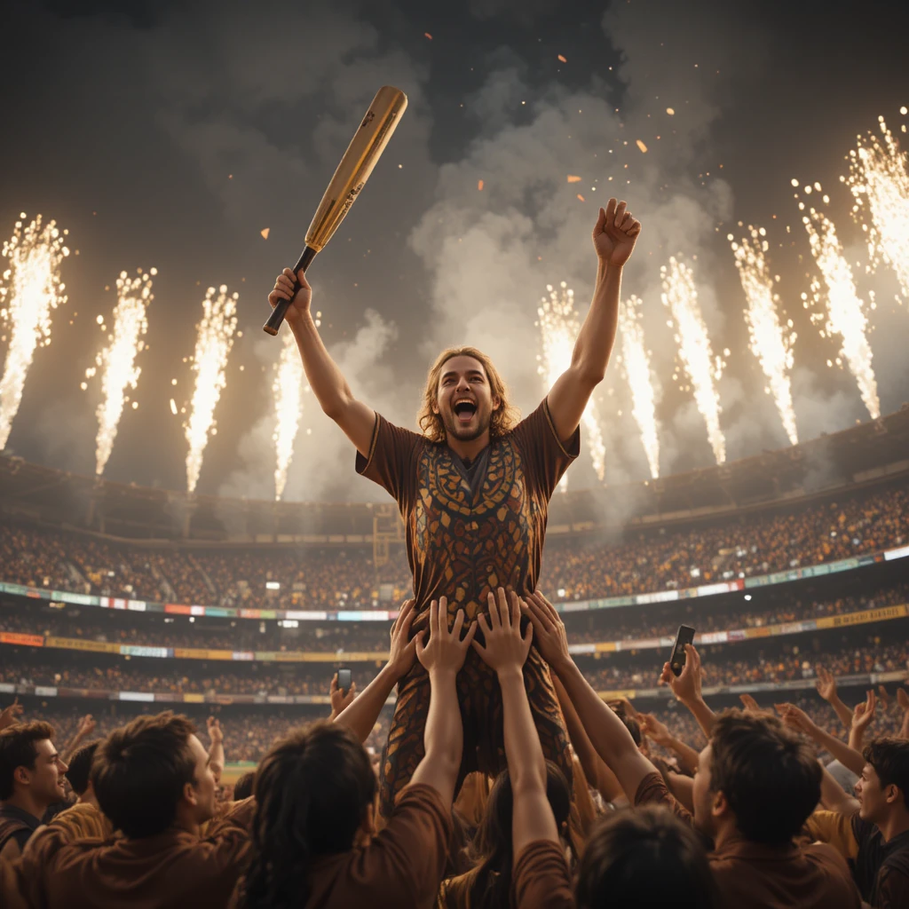 Héros du baseball porté par ses coéquipiers sous les feux d’artifice du stade