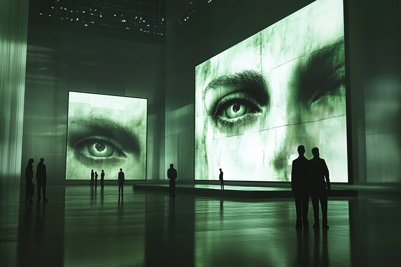 Galería Oscura con Pinturas Brillantes y Creador Invisible