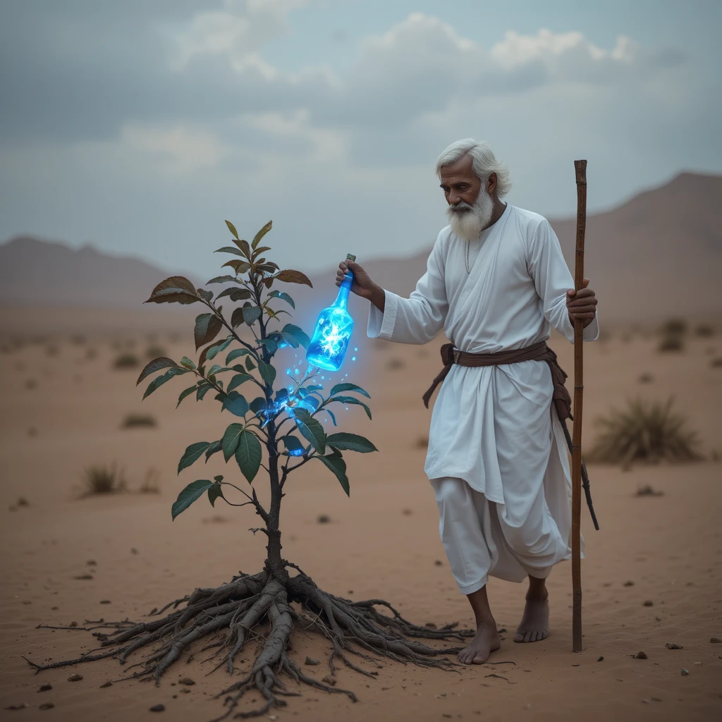 Elderly man walking alone across a vast desert