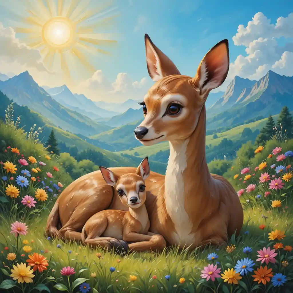 Rehmutter, die mit ihrem Kitz im sonnenbeschienenen Gras ruht