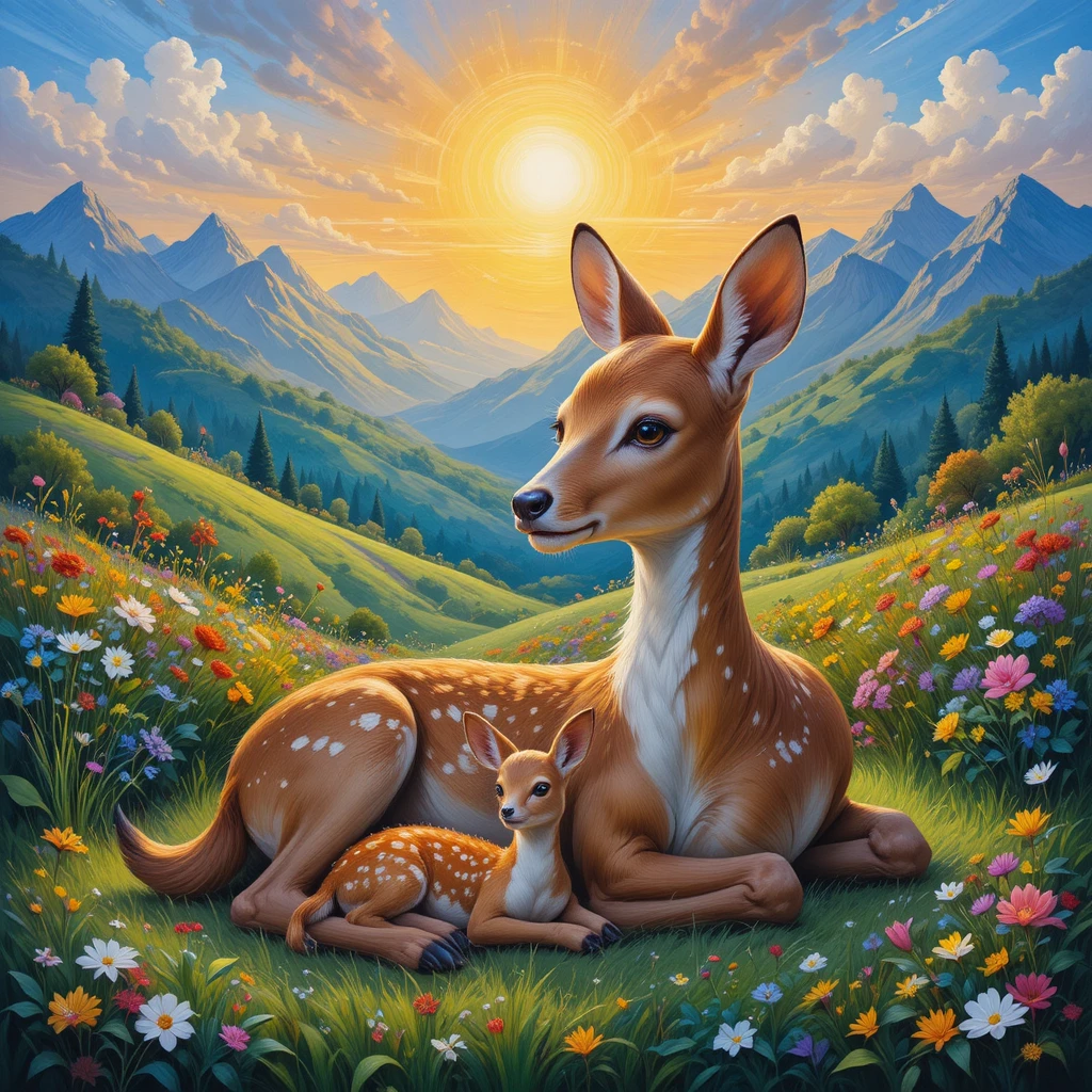 Biche se reposant dans l’herbe ensoleillée avec son faon près des montagnes