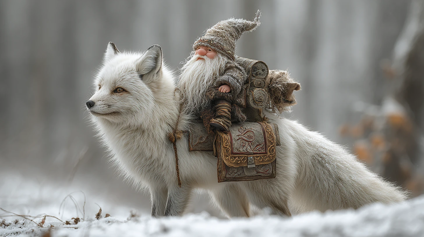 Minuscule gnome chevauchant un renard blanc dans une forêt enneigée