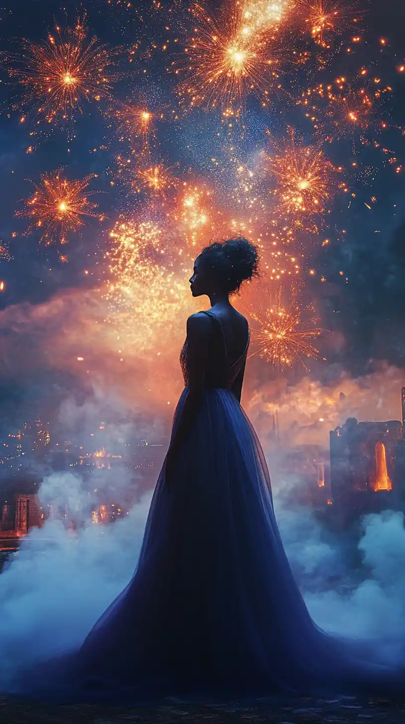 Frau unter surrealem Feuerwerk über einer uralten, traumhaften Stadt