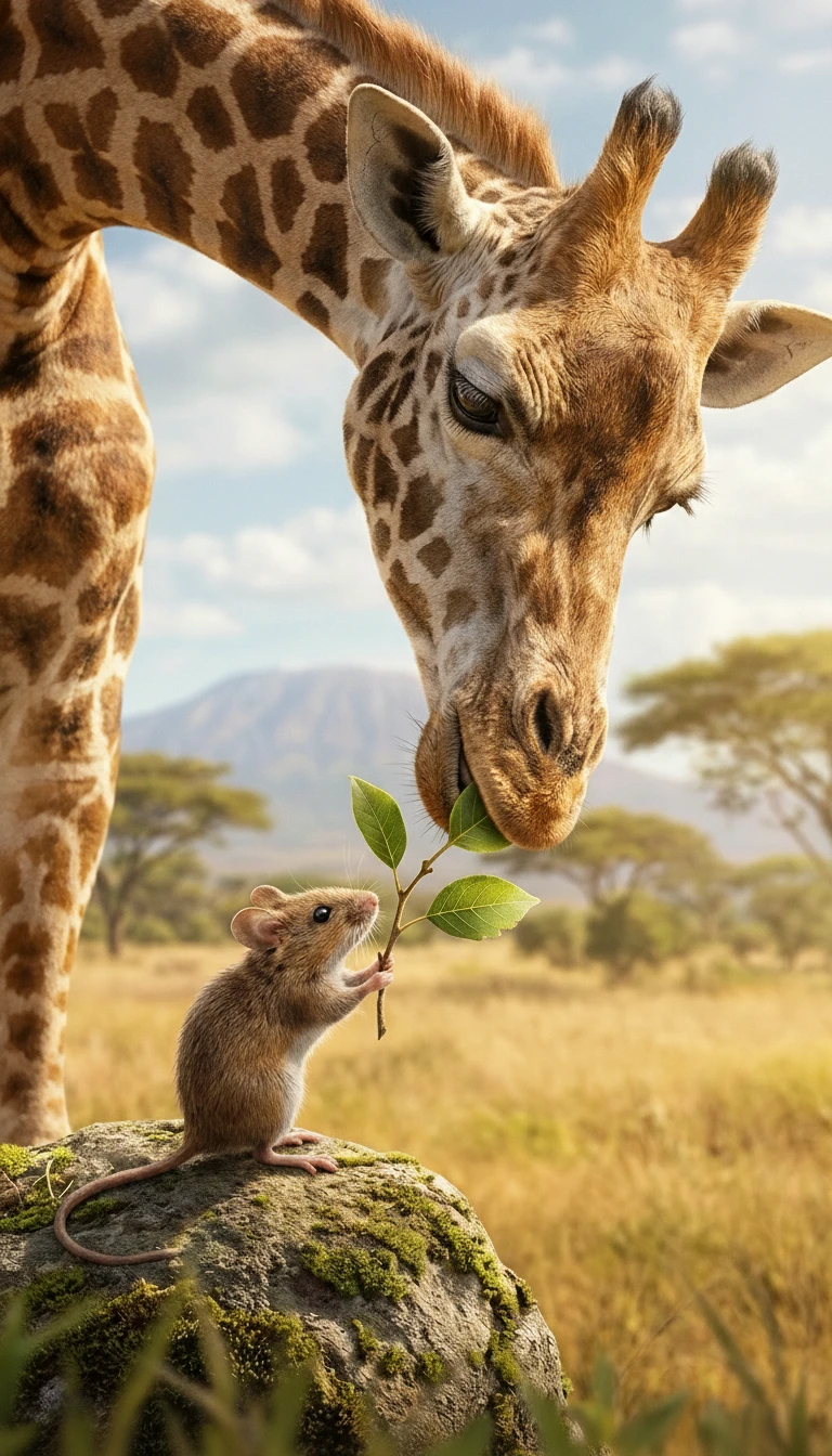 Girafe mangeant délicatement des feuilles offertes par une petite souris courageuse