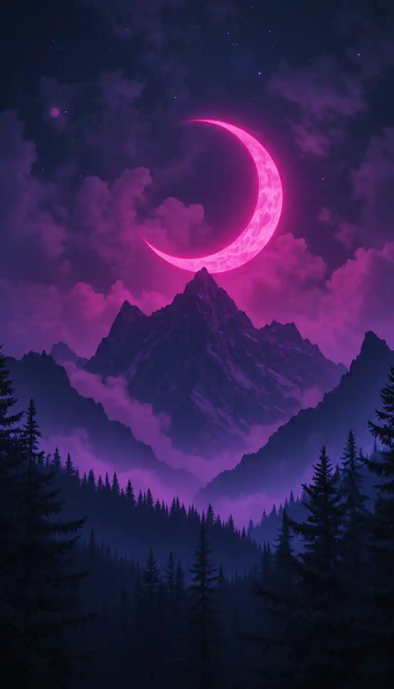 Paisagem montanhosa escura sob uma enorme lua crescente brilhante