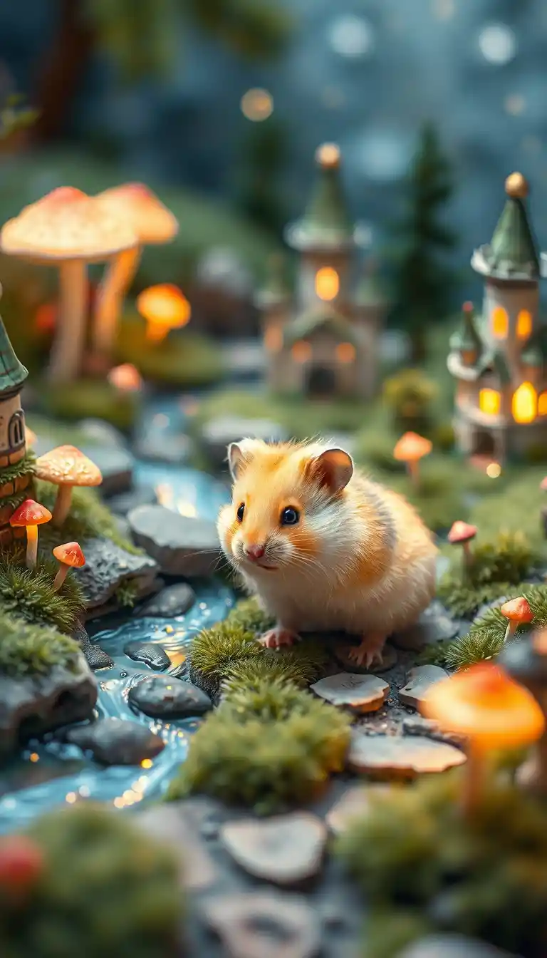 Curious Hamster Exploring A Miniature Fantasy Landscape