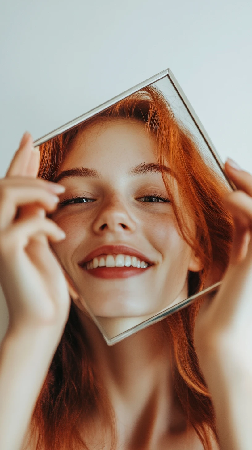 Red haired girl smiling in mirror held by cozy hands