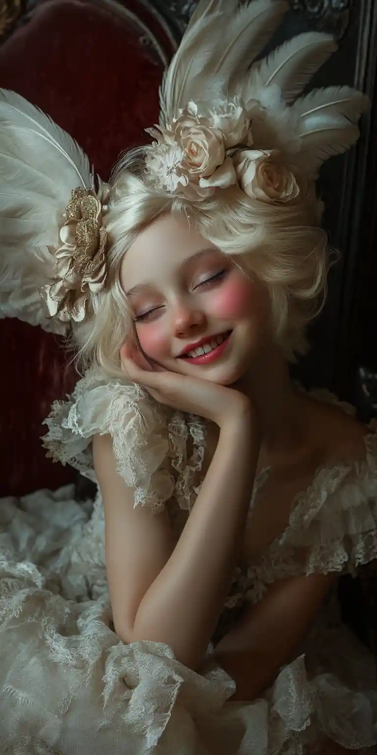 Mythological woman smiling softly in a dark velvet room