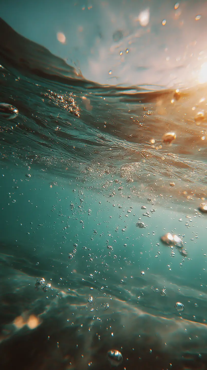 陽光照耀的氣泡在水下升向微波粼粼的水面