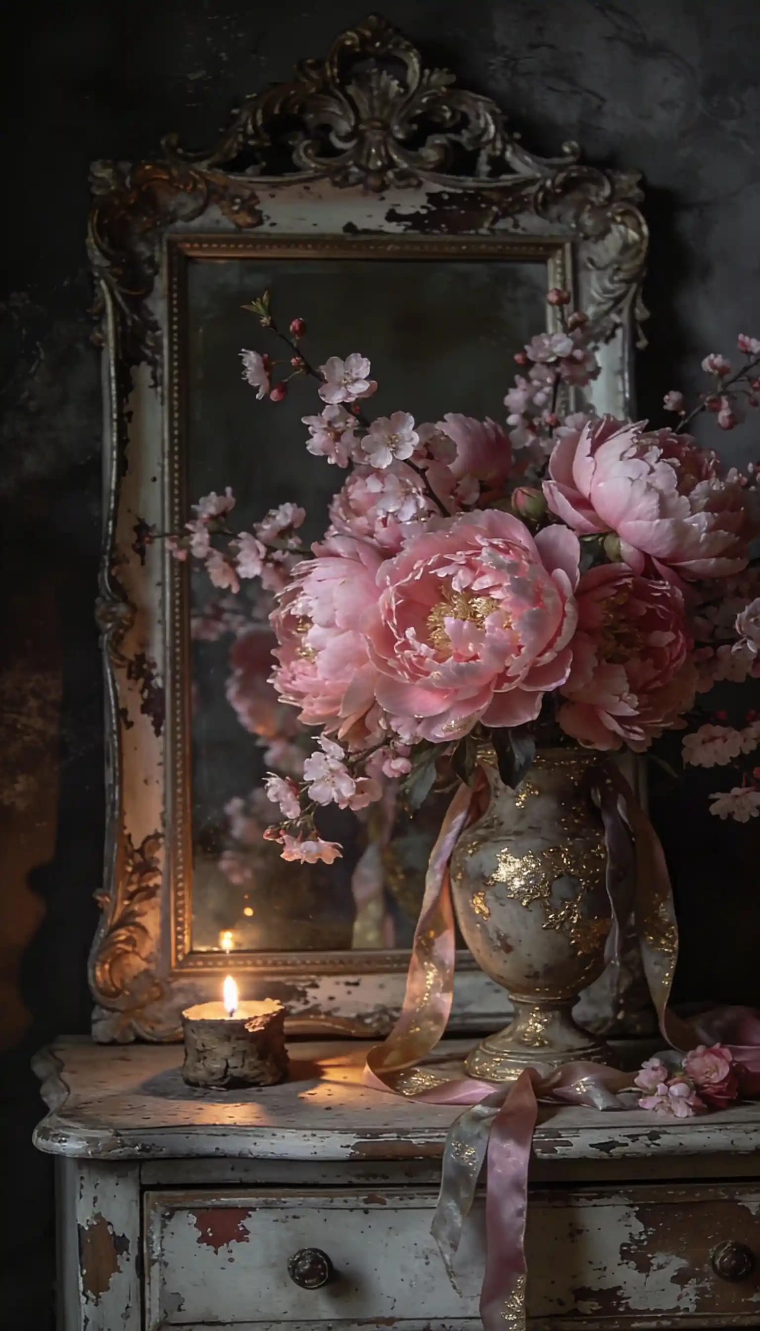Dark fantasy dresser with vintage frame and flower vase