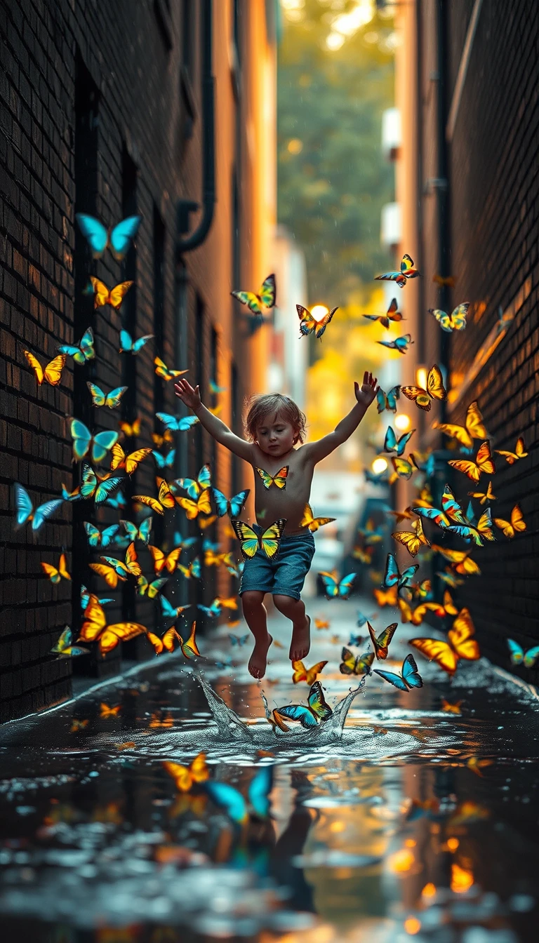 Child jumping in alley as glowing butterflies burst upward