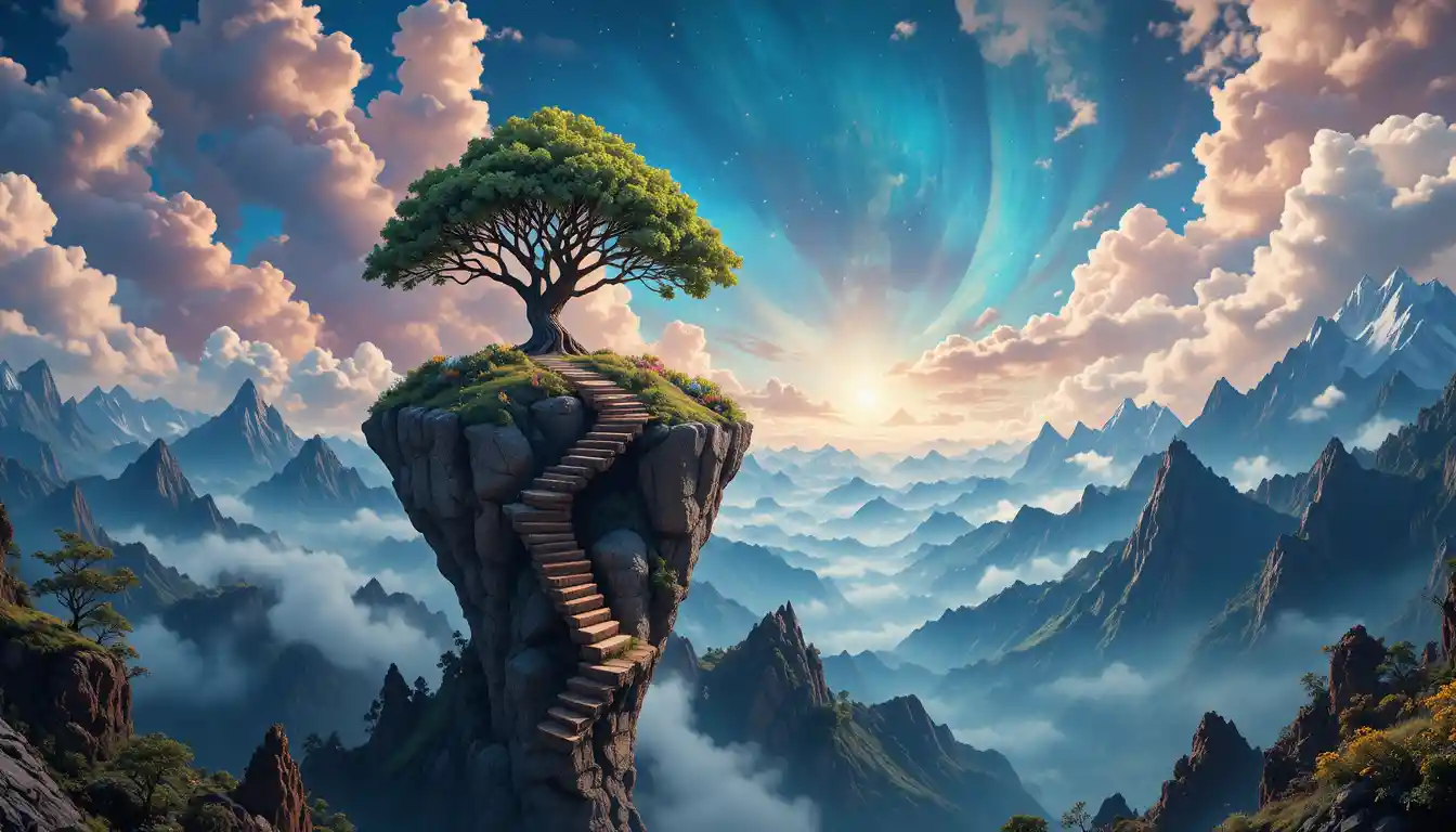 Majestic Tree On Floating Rock In Surreal Colorful Mountains