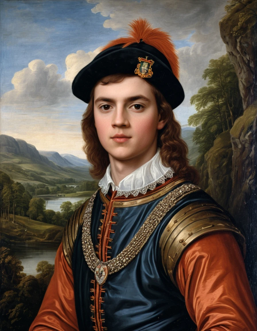 Retrato de jovem rei escocês em traje highlander renascentista