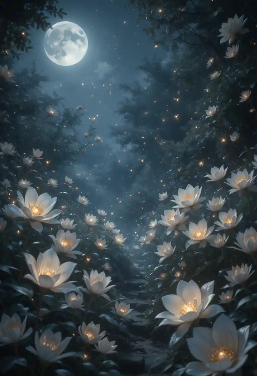 Giardino segreto al chiaro di luna con fiori notturni luminosi e lucciole
