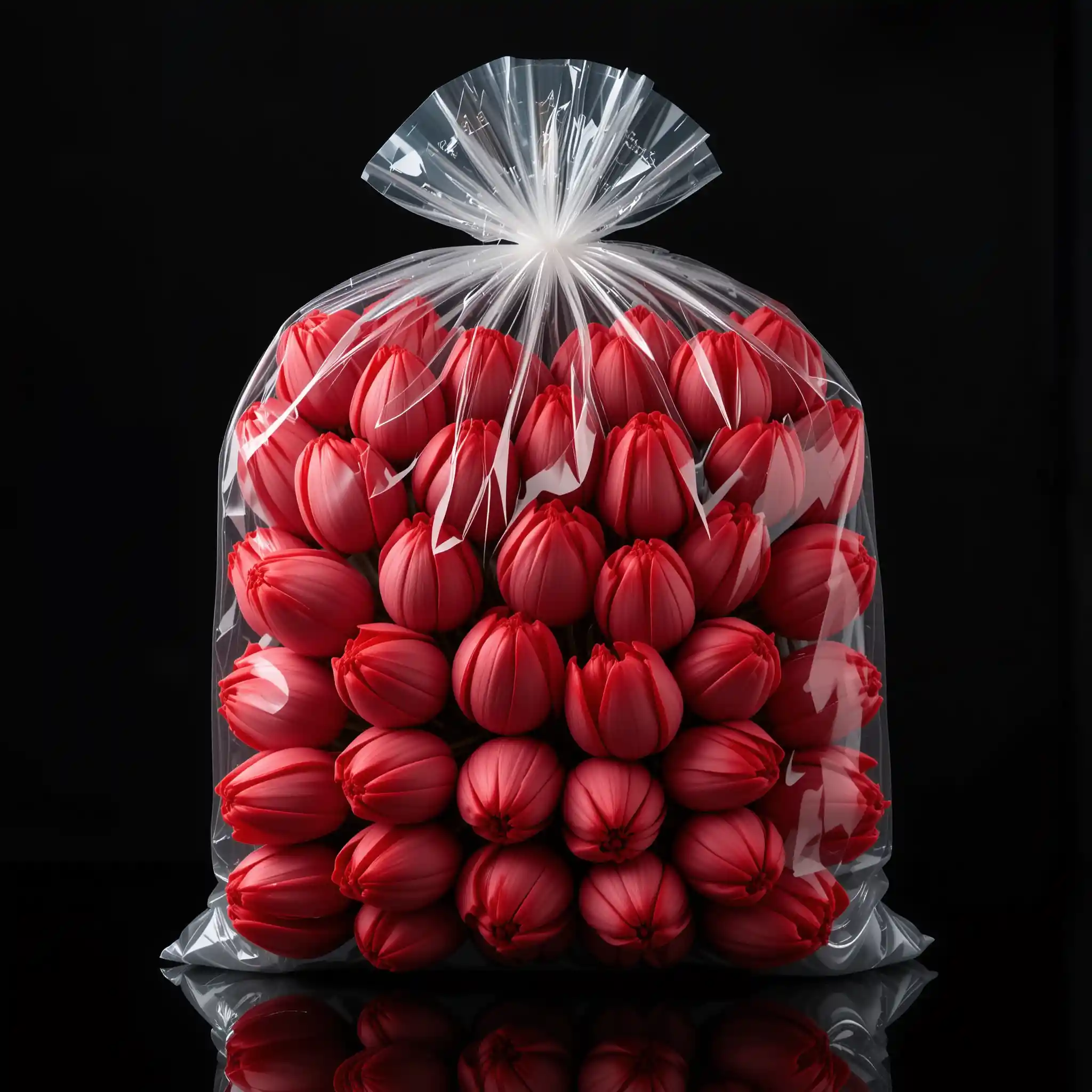 Vacuum Sealed Red Tulips In Clear Plastic Against Black