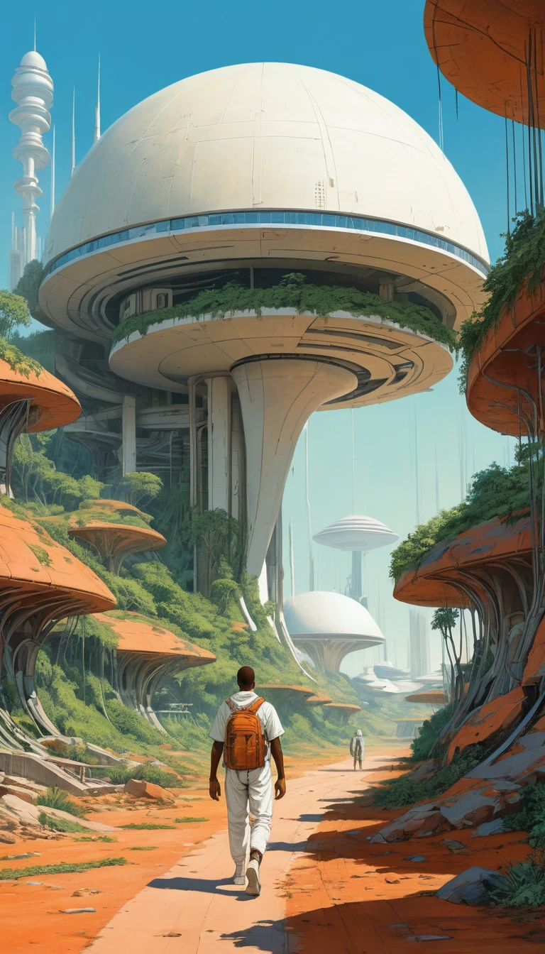 Jovem caminhando em direção a uma paisagem urbana futurista e exuberante