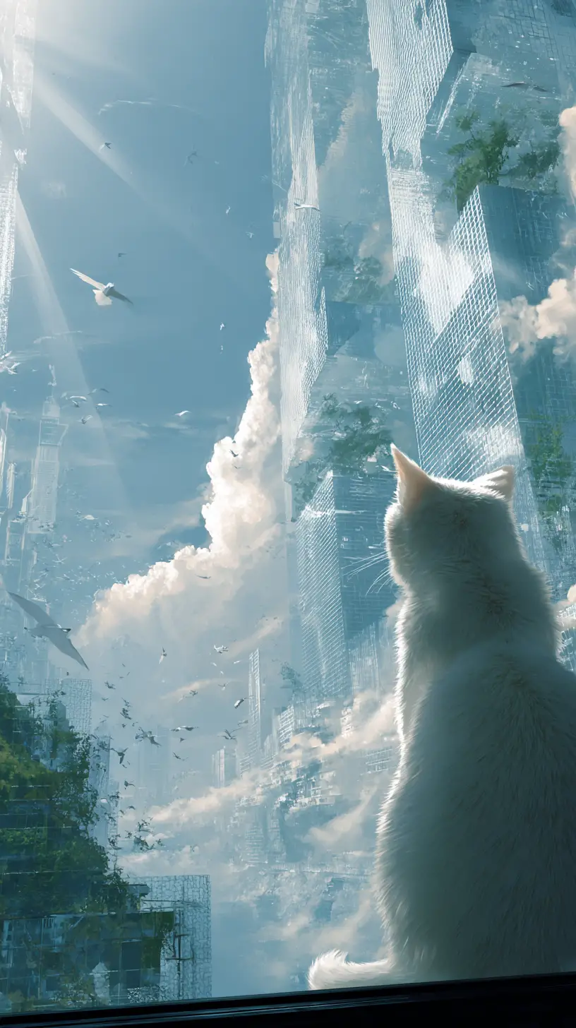 Fluffy white cat gazing at a towering glass skyscraper