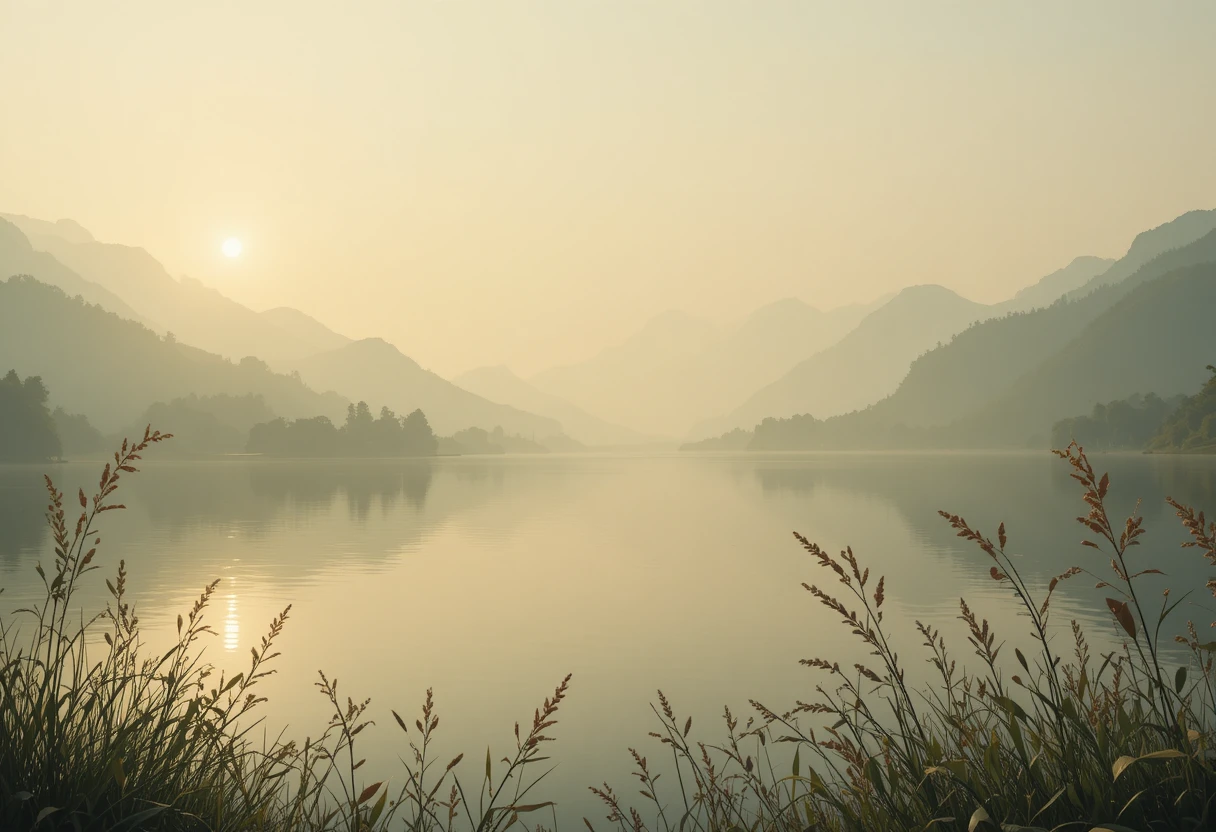 Paysage fluvial paisible au lever du soleil avec montagnes lointaines embrumées