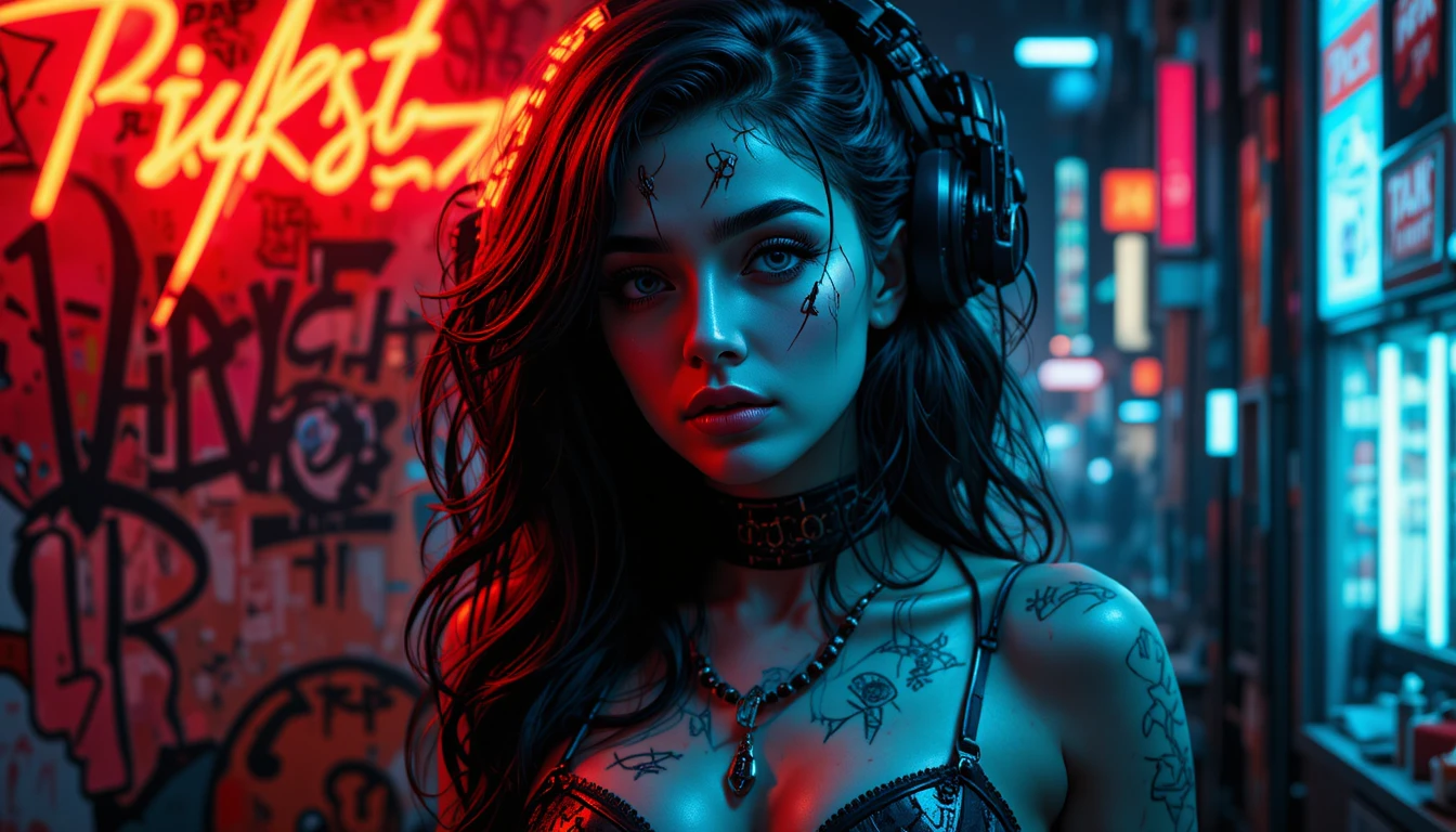 Neon cyberpunk woman in a futuristic Paris cityscape