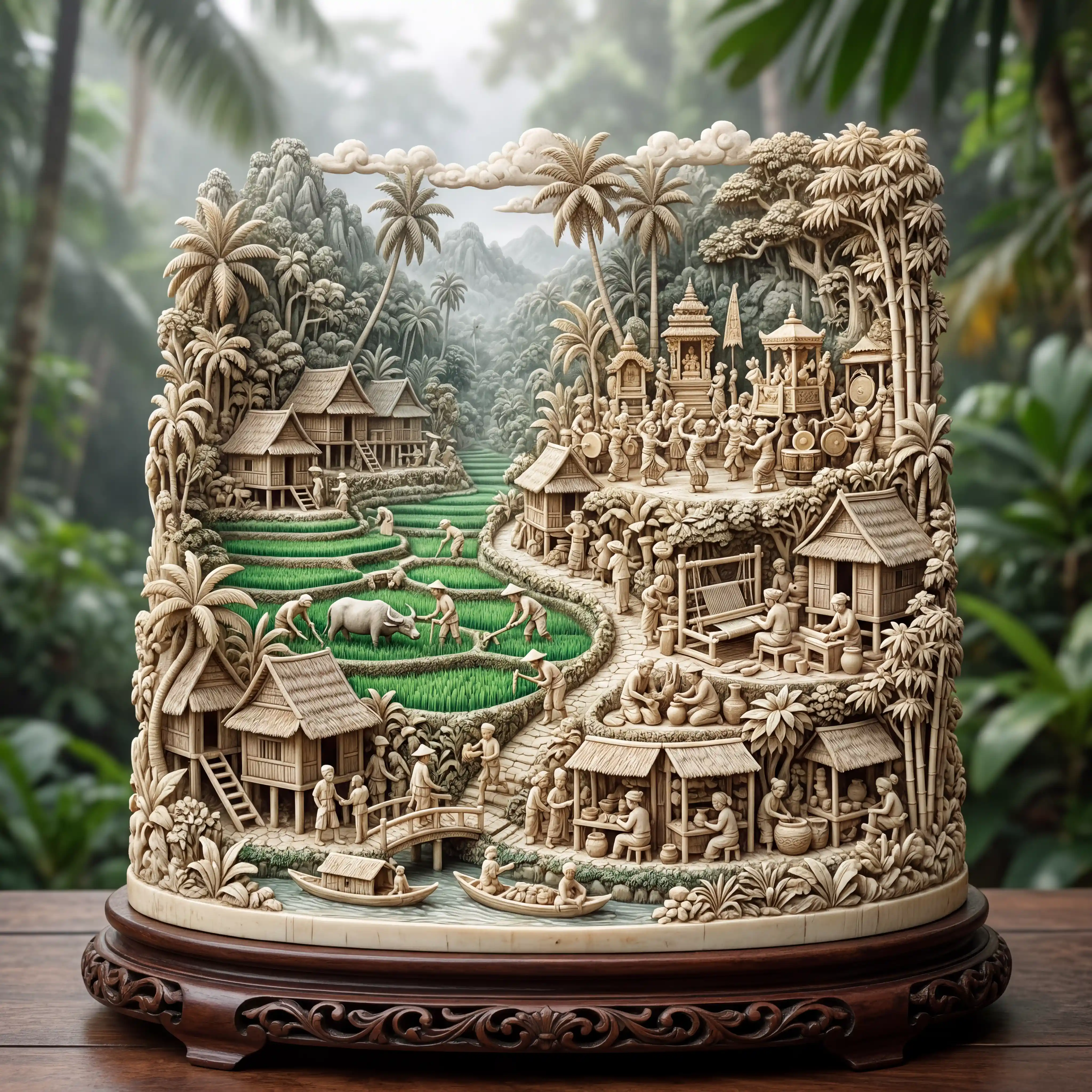Intricate Ivory Sculpture Of A Tranquil Southeast Asian Village