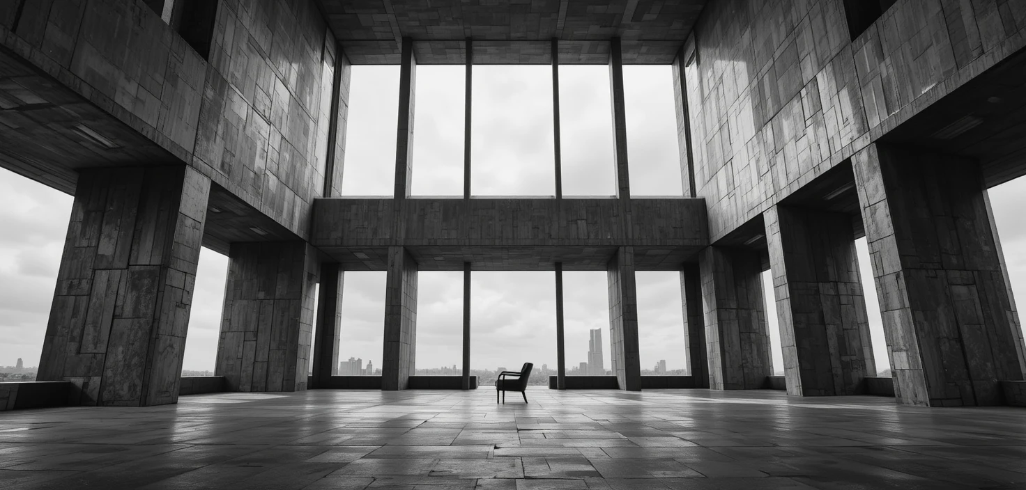 Brutalist interior with geometric windows in dramatic black and white