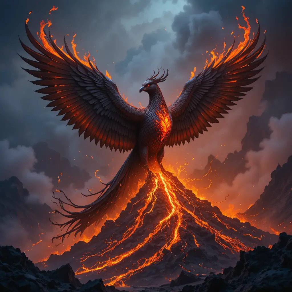 從炙熱火山爆發中升起的威嚴黑鳳凰