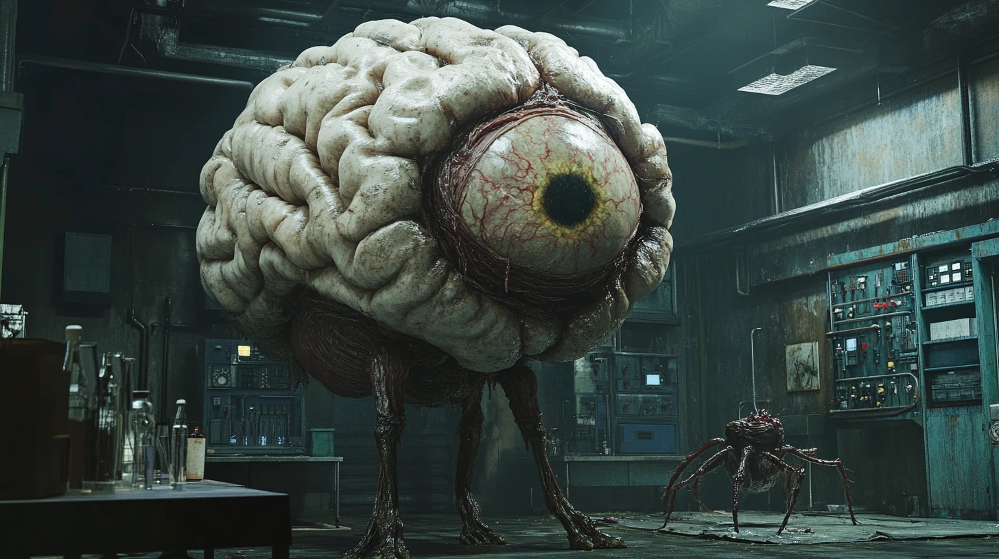 Monstro grotesco de cérebro ambulante em um laboratório sinistro