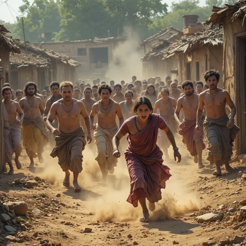 Terrified woman chased by villagers in dusty village street