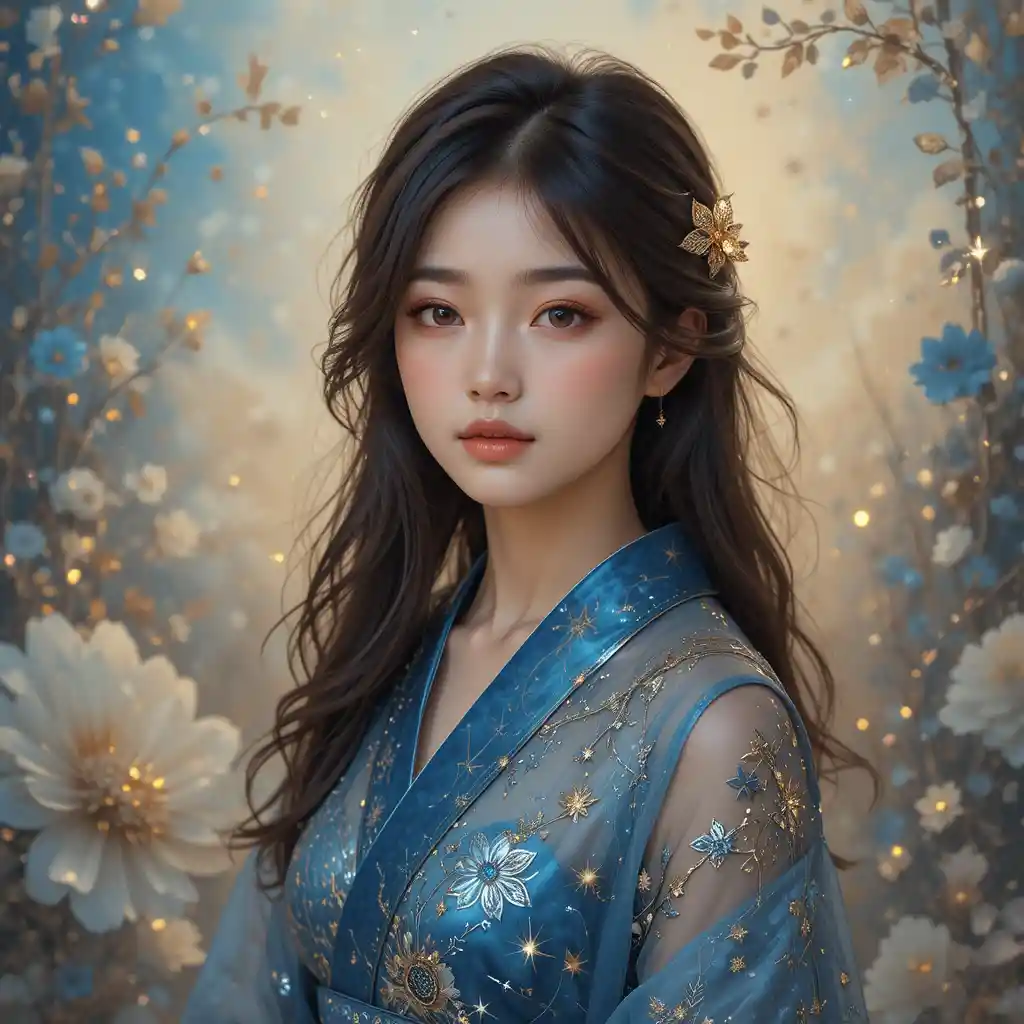 Dreamy portrait of a young woman in celestial blue kimono
