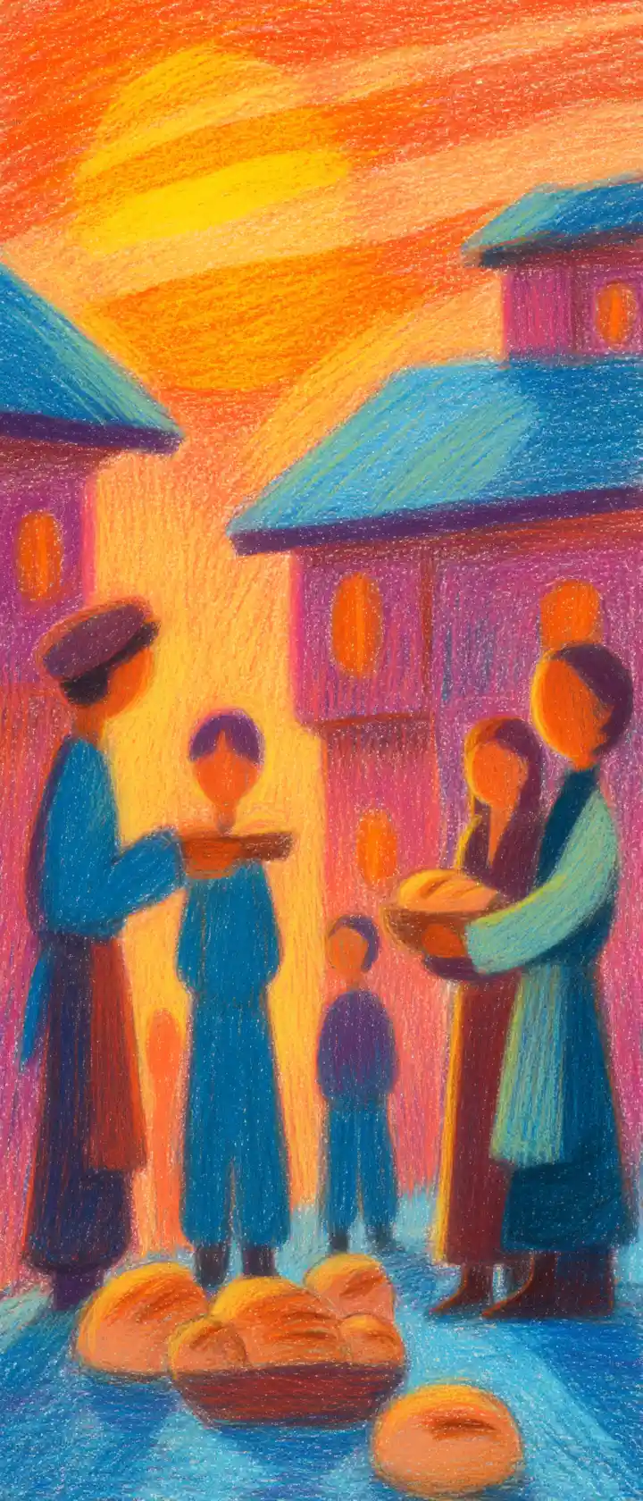 Baker Sharing Fresh Bread In A Warm Village Square