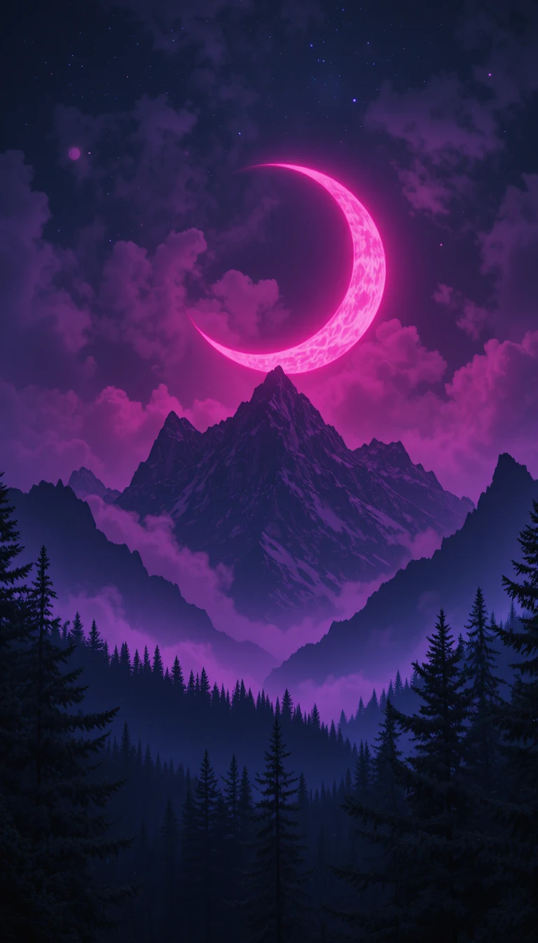 Paisagem montanhosa escura sob uma enorme lua crescente brilhante