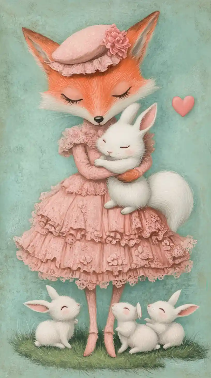 Anthropomorpher Fuchs im rosa Kleid, der ein weißes Kaninchen umarmt