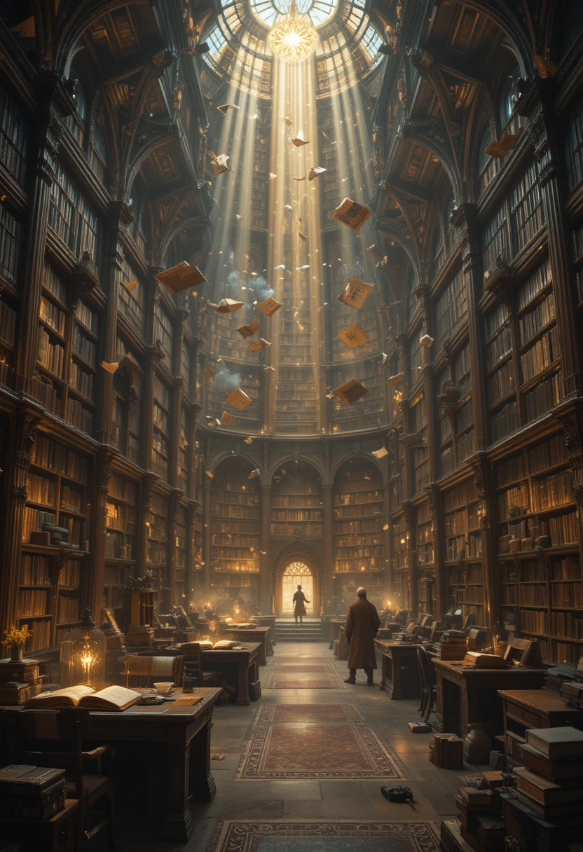 Enorme biblioteca de fantasia com livros flutuantes e runas brilhantes