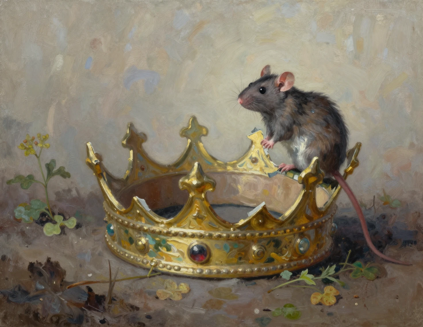 Couronne brisée sur un sol envahi par la végétation berçant un rat silencieux