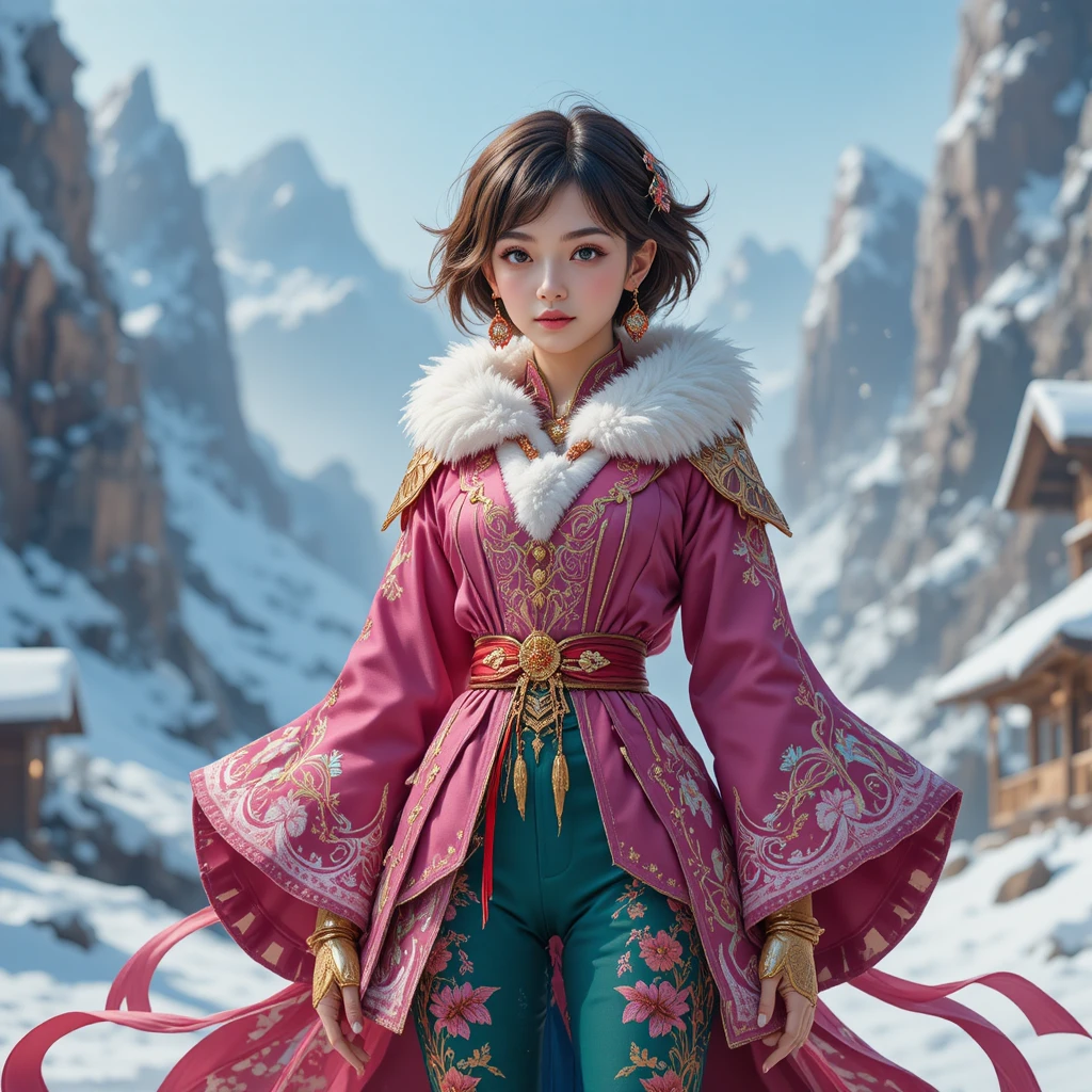 Fantasy girl in pink jacket standing in snowy landscape
