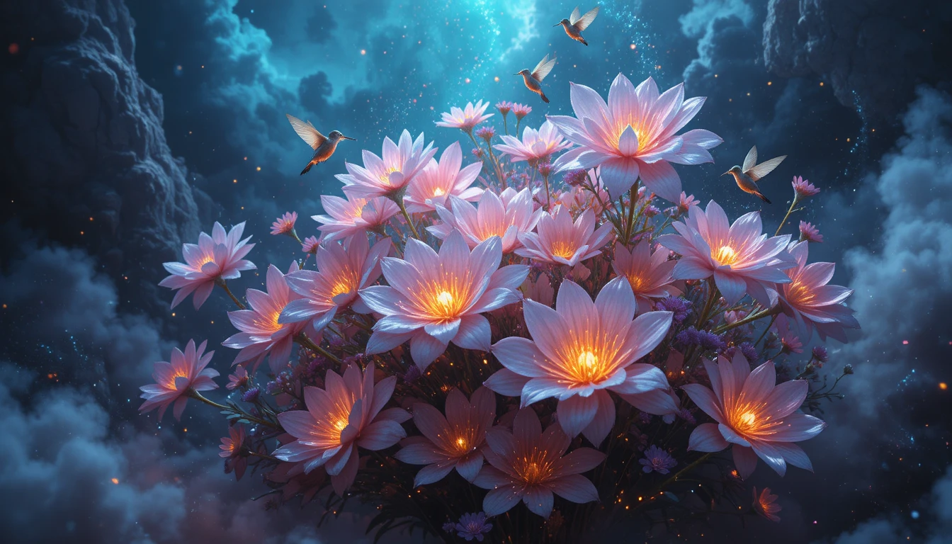 Leuchtender Fantasy-Blumenstrauß im kosmischen Dunkel