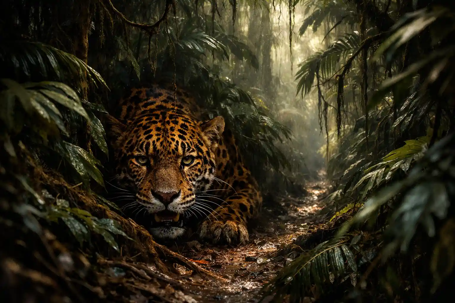 Onça-pintada à espreita em uma estreita trilha na selva