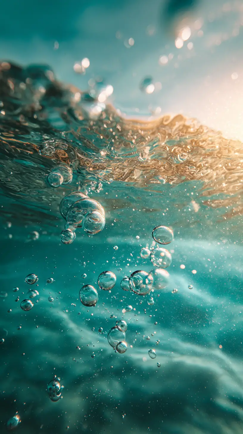 Bulles sous-marines remontant vers une surface océanique baignée de soleil
