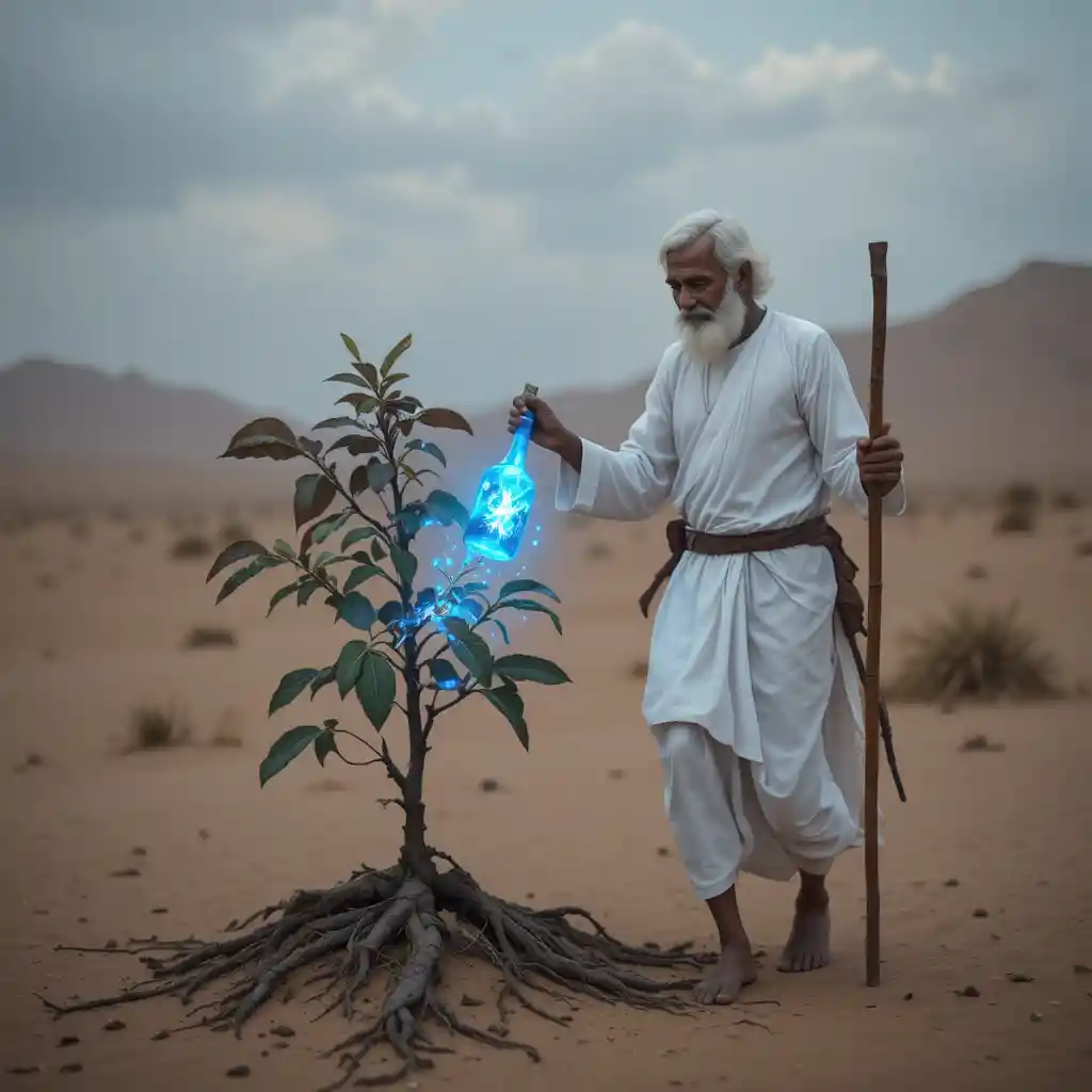 Elderly man walking alone across a vast desert