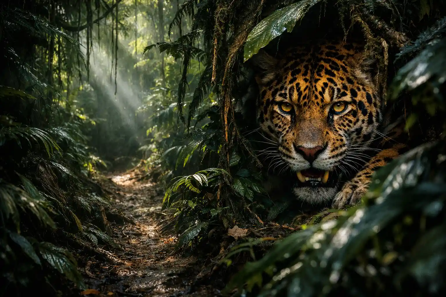 Onça-pintada espreitando por uma trilha estreita na densa selva amazônica
